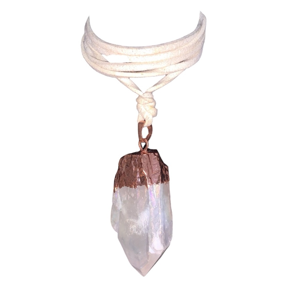 White & Rose Gold Healing Crystal White Leather Wrap Around Bow Tie Necklace